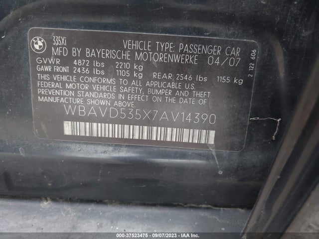2007 BMW 3 SERIES 335XI VIN: WBAVD535X7AV14390