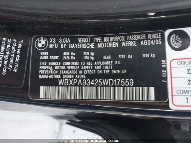 2005 BMW X3 3.0I VIN: WBXPA93425WD17559