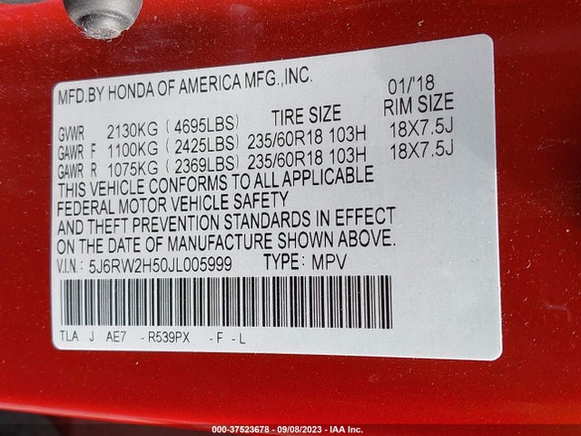 Honda CR-V EX 2018 5J6RW2H50JL005999 Image 9
