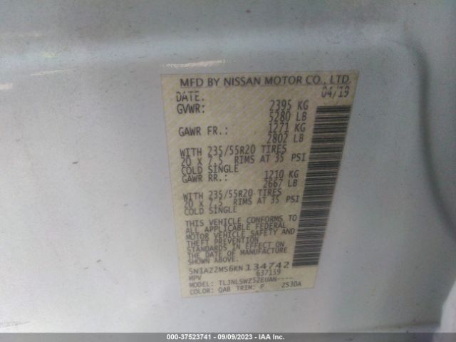 5N1AZ2MS6KN134742 Nissan Murano Platinum