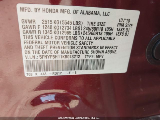 5FNYF5H11KB013212 Honda PILOT LX