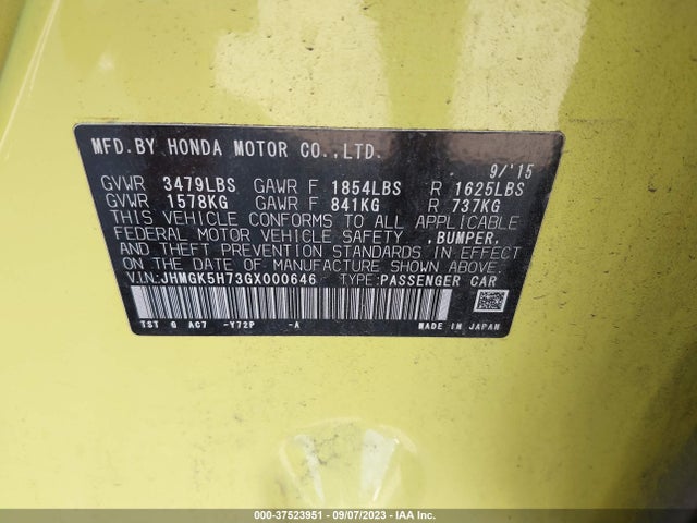2016 HONDA FIT EX VIN: JHMGK5H73GX000646