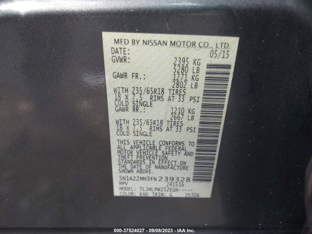 2015 NISSAN MURANO S VIN: 5N1AZ2MH3FN239328