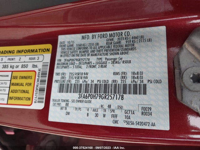 2016 FORD FUSION SE VIN: 3FA6P0H79GR257178