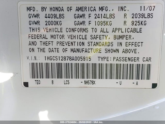 2008 HONDA ACCORD CPE EX-L VIN: 1HGCS12878A005915