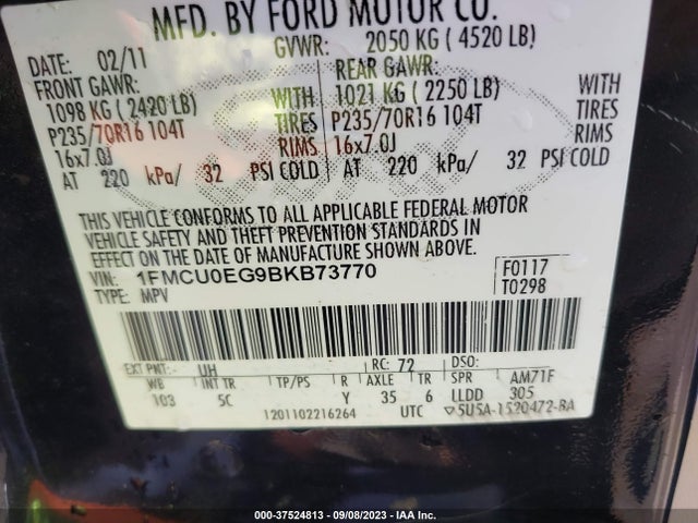 2011 FORD ESCAPE LIMITED VIN: 1FMCU0EG9BKB73770