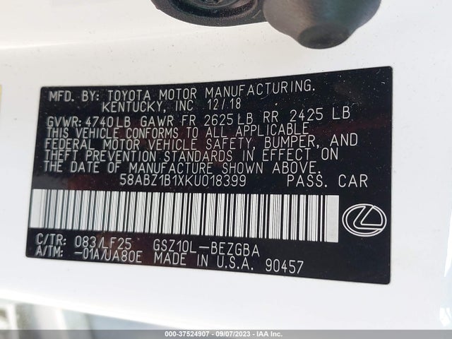 2019 Lexus ES, VIN: 58ABZ1B1XKU018399