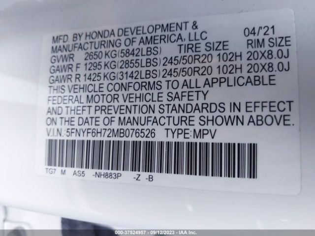 5FNYF6H72MB076526 Honda Pilot Black Edition