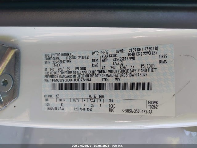 2017 FORD ESCAPE SE VIN: 1FMCU9GDXHUD78194