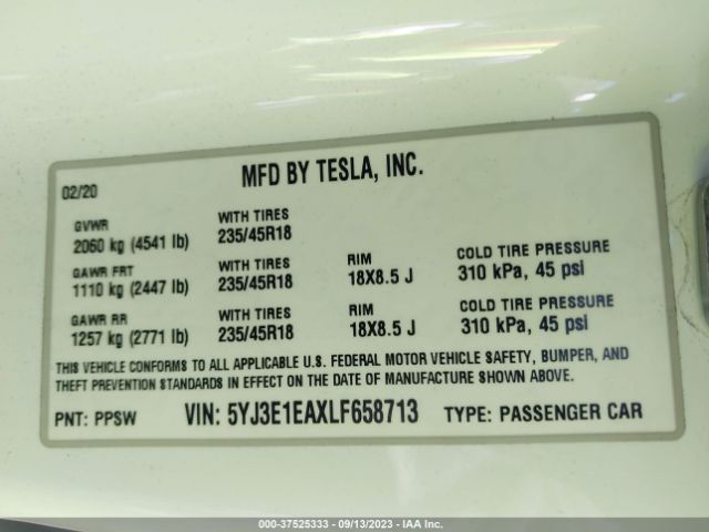 5YJ3E1EAXLF658713 Tesla Model 3 Standard Range