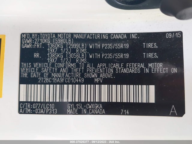 2015 Lexus RX, VIN: 2T2BC1BA9FC010449
