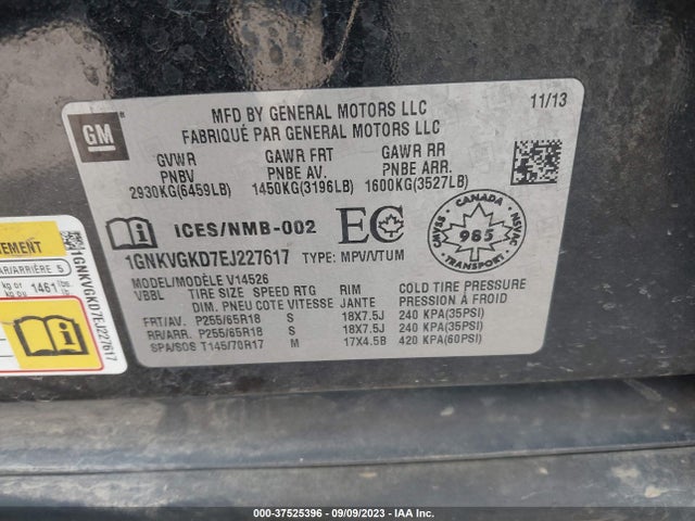 Chevrolet Traverse Lt 2014 1GNKVGKD7EJ227617 Image 9