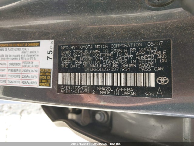 2007 TOYOTA PRIUS VIN: JTDKB20U573271954