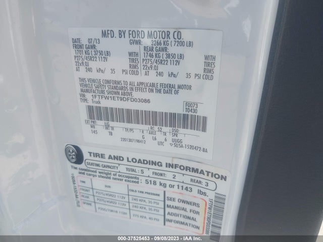 2013 FORD F-150 LIMITED VIN: 1FTFW1ET9DFD03086