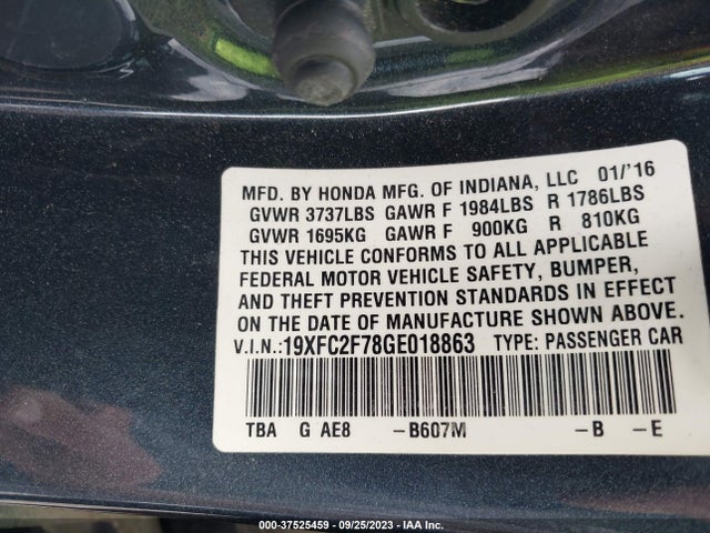 Honda Civic Sedan Ex 2016 19XFC2F78GE018863 Image 9