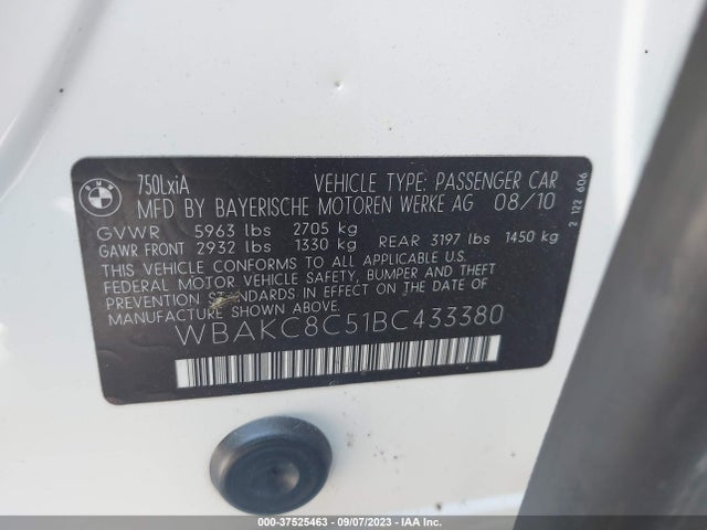 2011 BMW 7 SERIES 750LI XDRIVE VIN: WBAKC8C51BC433380