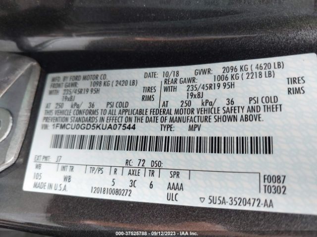 1FMCU0GD5KUA07544 Ford ESCAPE SE