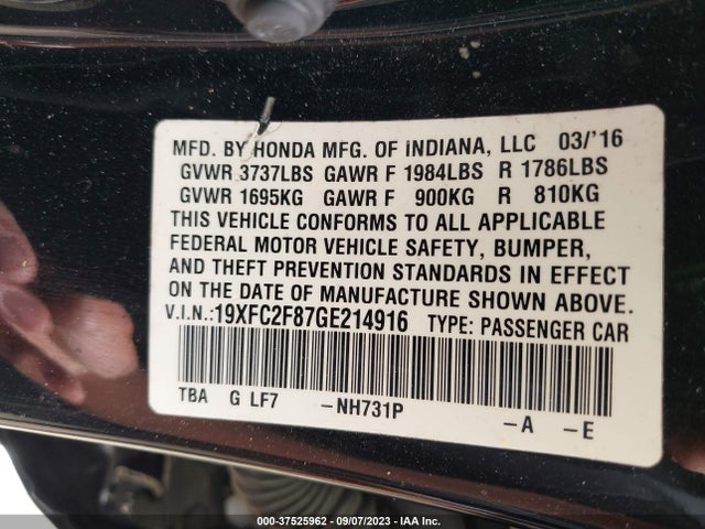 Honda Civic Sedan Ex 2016 19XFC2F87GE214916 Image 9