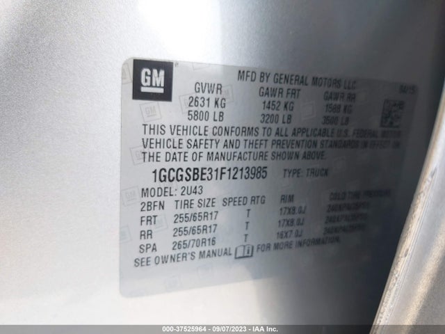 2015 CHEVROLET COLORADO LT VIN: 1GCGSBE31F1213985