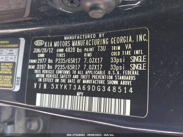 2013 KIA SORENTO LX VIN: 5XYKT3A69DG348514