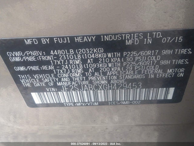2016 SUBARU FORESTER 2.5I VIN: JF2SJABCXGH429453