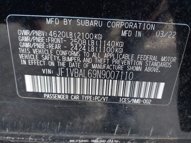 2022 SUBARU WRX LIMITED VIN: JF1VBAL69N9007110