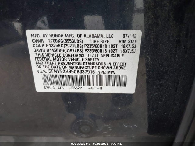 2012 HONDA PILOT TOURING VIN: 5FNYF3H99CB037916