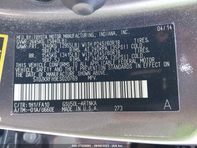 Toyota Highlander Le 2014 5TDZKRFH9ES020769 Image 9
