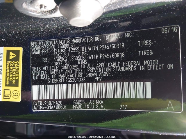 Toyota Highlander Le 2016 5TDBKRFH2GS301333 Image 9