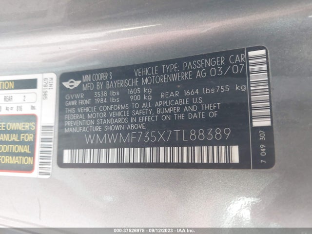 2007 MINI COOPER HARDTOP WMWMF735X7TL88389 Photo 8