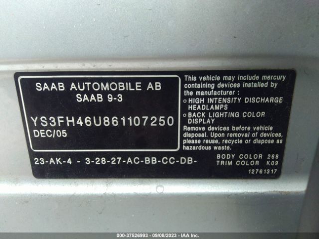 2006 SAAB 9-3 YS3FH46U861107250 Photo 8