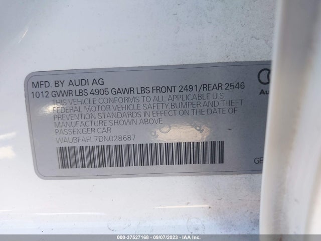 2013 AUDI A4 PREMIUM VIN: WAUBFAFL7DN028687