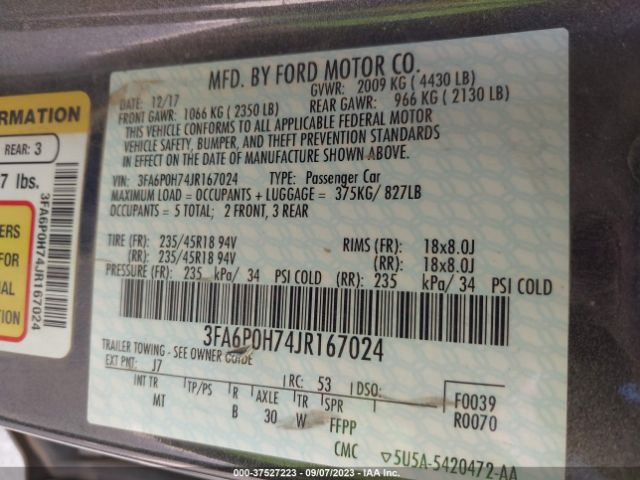3FA6P0H74JR167024 Ford FUSION SE