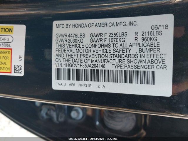 2018 HONDA ACCORD SEDAN SPORT 1.5T VIN: 1HGCV1F35JA204148