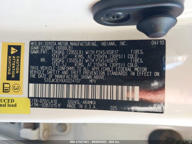 2010 TOYOTA HIGHLANDER SE VIN: 5TDJK3EHXAS024707