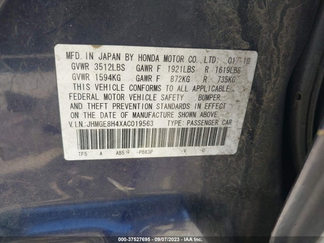 2010 HONDA FIT SPORT VIN: JHMGE8H4XAC019563
