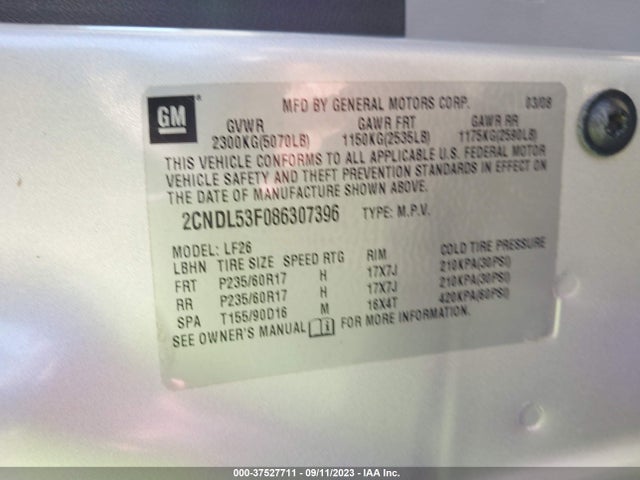2008 CHEVROLET EQUINOX LT VIN: 2CNDL53F086307396