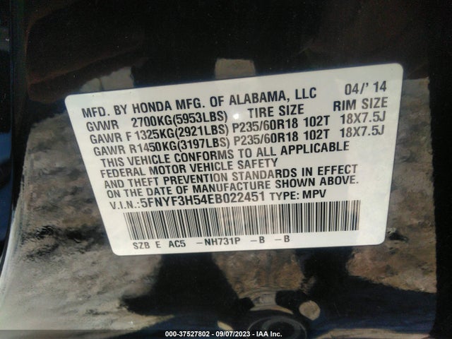 Honda Pilot Ex-l 2014 5FNYF3H54EB022451 Image 9