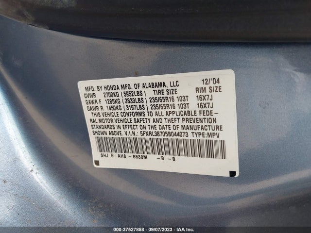 2005 HONDA ODYSSEY EX-L VIN: 5FNRL38705B044073