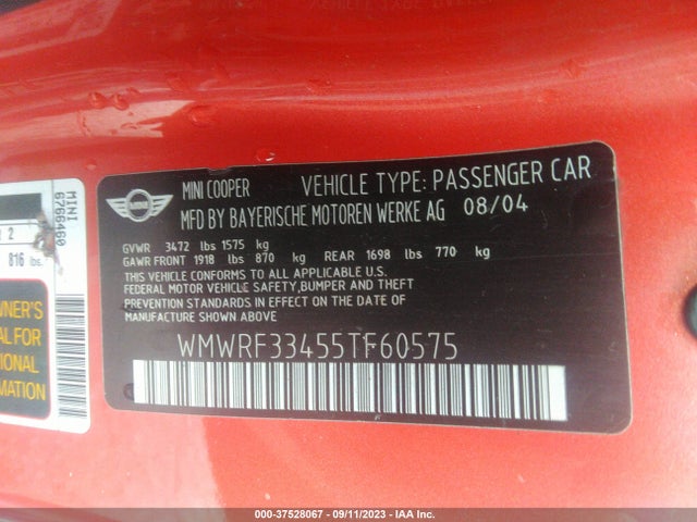 2005 MINI COOPER CONVERTIBLE WMWRF33455TF60575 Photo 8