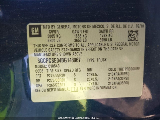 2011 CHEVROLET SILVERADO 1500 LT VIN: 3GCPCSE04BG148967