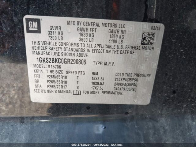 1GKS2BKC0GR290806 GMC YUKON SLT