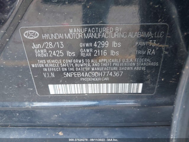 2013 HYUNDAI SONATA GLS VIN: 5NPEB4AC9DH774367