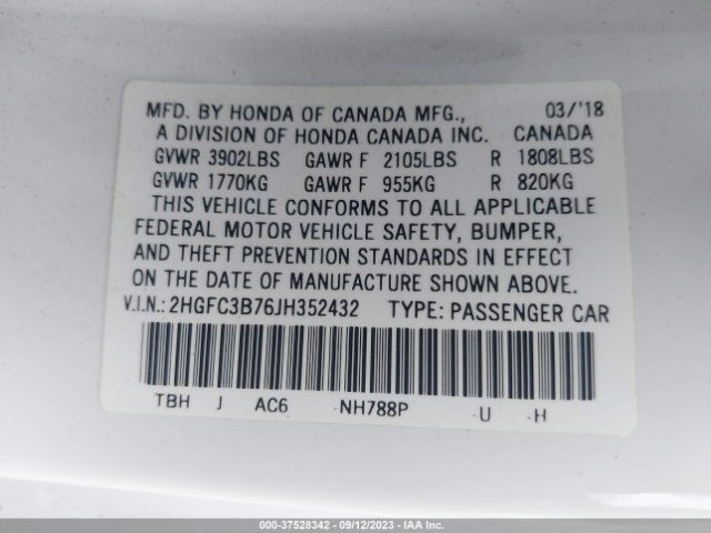 2HGFC3B76JH352432 Honda Civic Coupe Ex-l