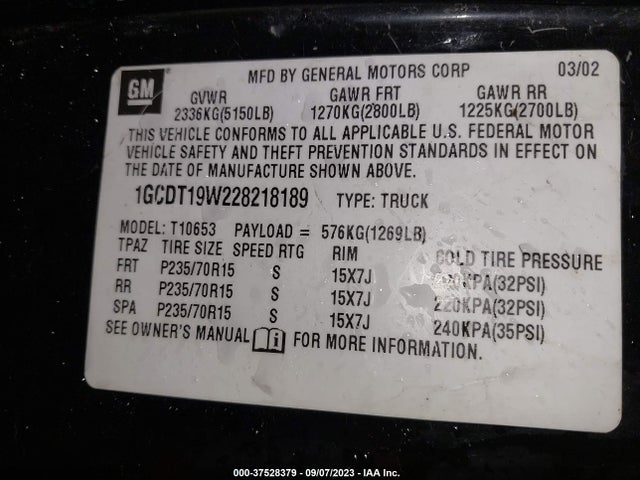 2002 CHEVROLET S-10 VIN: 1GCDT19W228218189