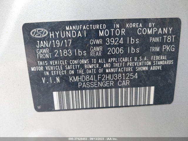2017 HYUNDAI ELANTRA SE VIN: KMHD84LF2HU381254