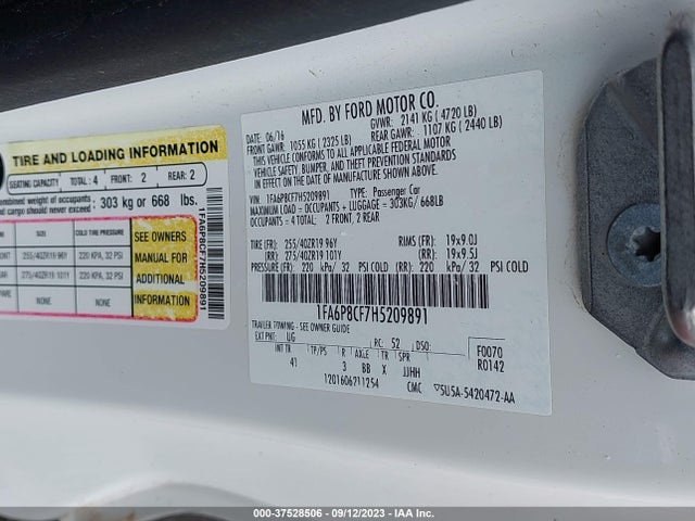 2017 FORD MUSTANG GT VIN: 1FA6P8CF7H5209891