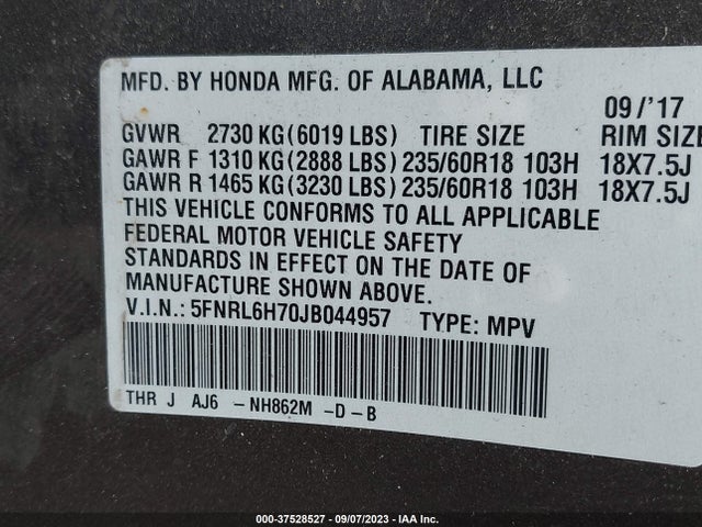 2018 HONDA ODYSSEY EX-L VIN: 5FNRL6H70JB044957