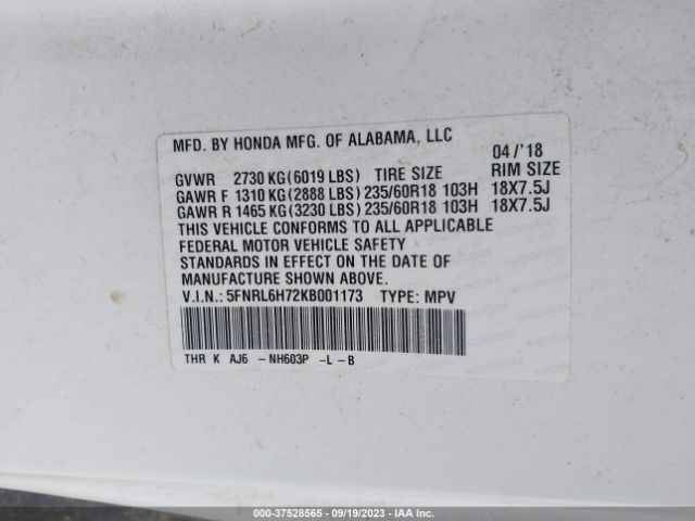 5FNRL6H72KB001173 Honda Odyssey Ex-l