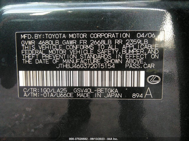 2007 LEXUS ES 350 VIN: JTHBJ46G372015154
